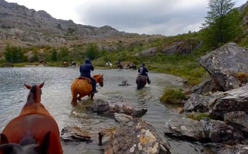 A group of guests ride on horseback across the edge of the lake.