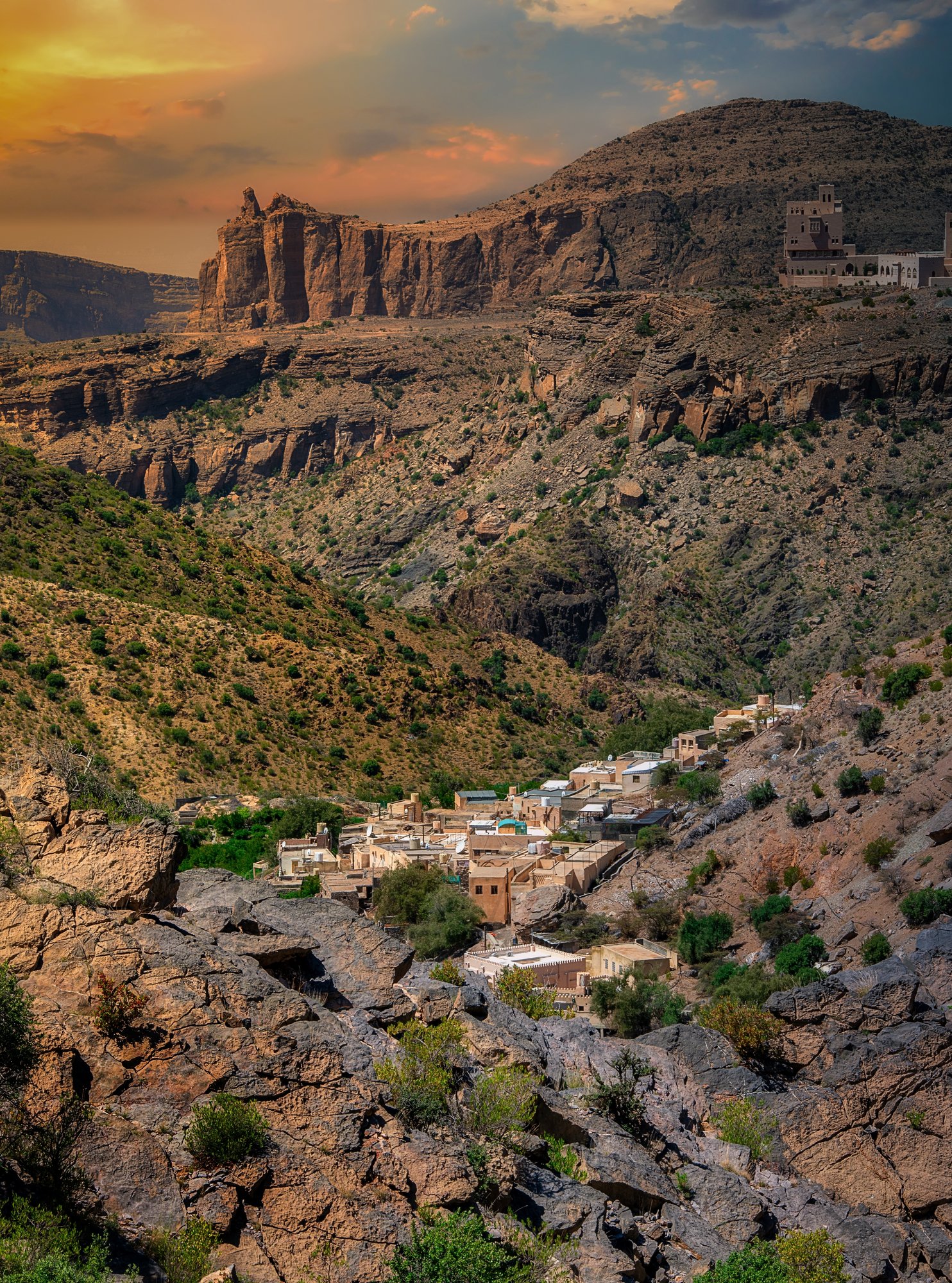 The Jebel mountains are craggy, with deep gorges and minimal greenery.