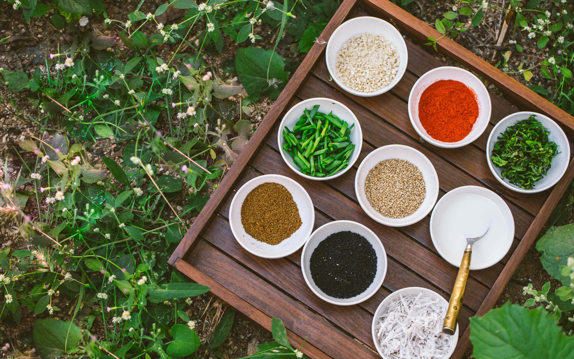 A board holds nine dishes of locally sourced spices and herbs in Jamtara Wilderness Camp.