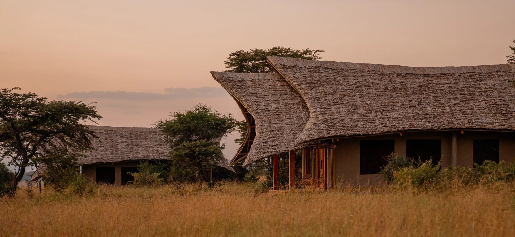 The exterior of the camp buildings have thatched roofs.