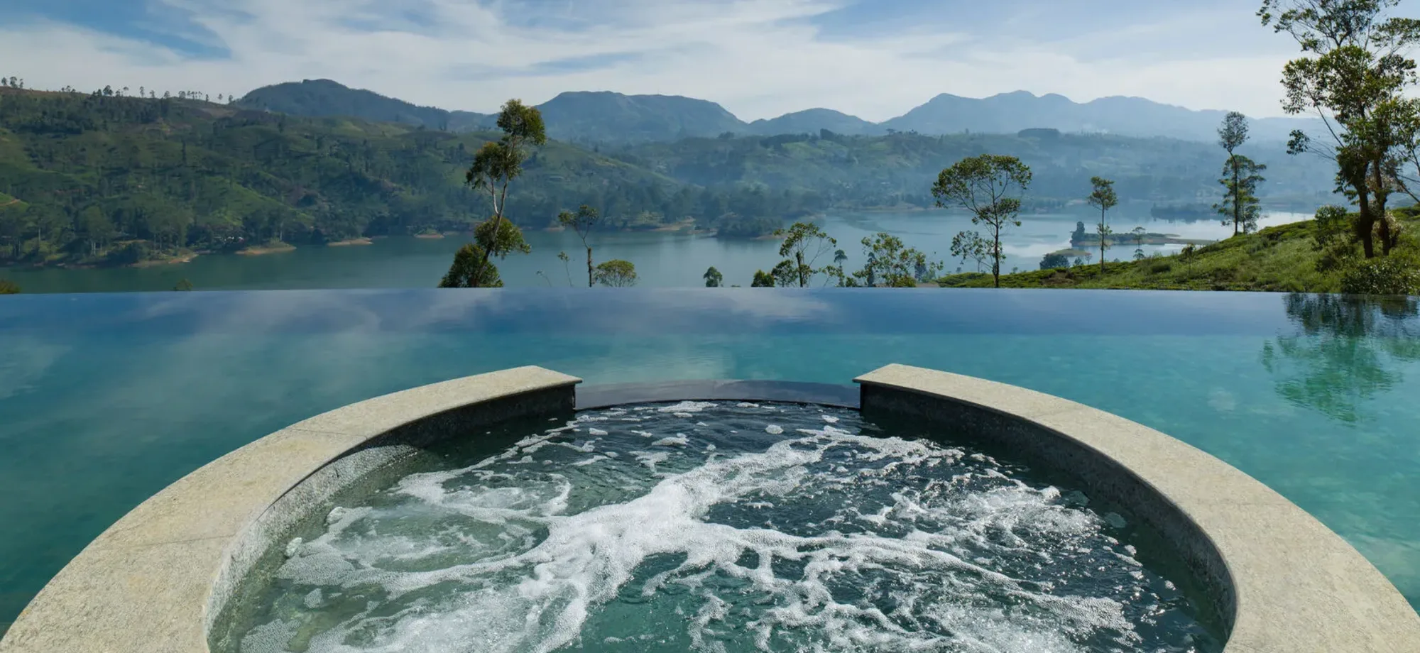 The infinity pool at Dunkeld Bungalow overlooks a mesmerising panorama of the lake and surrounding hills.