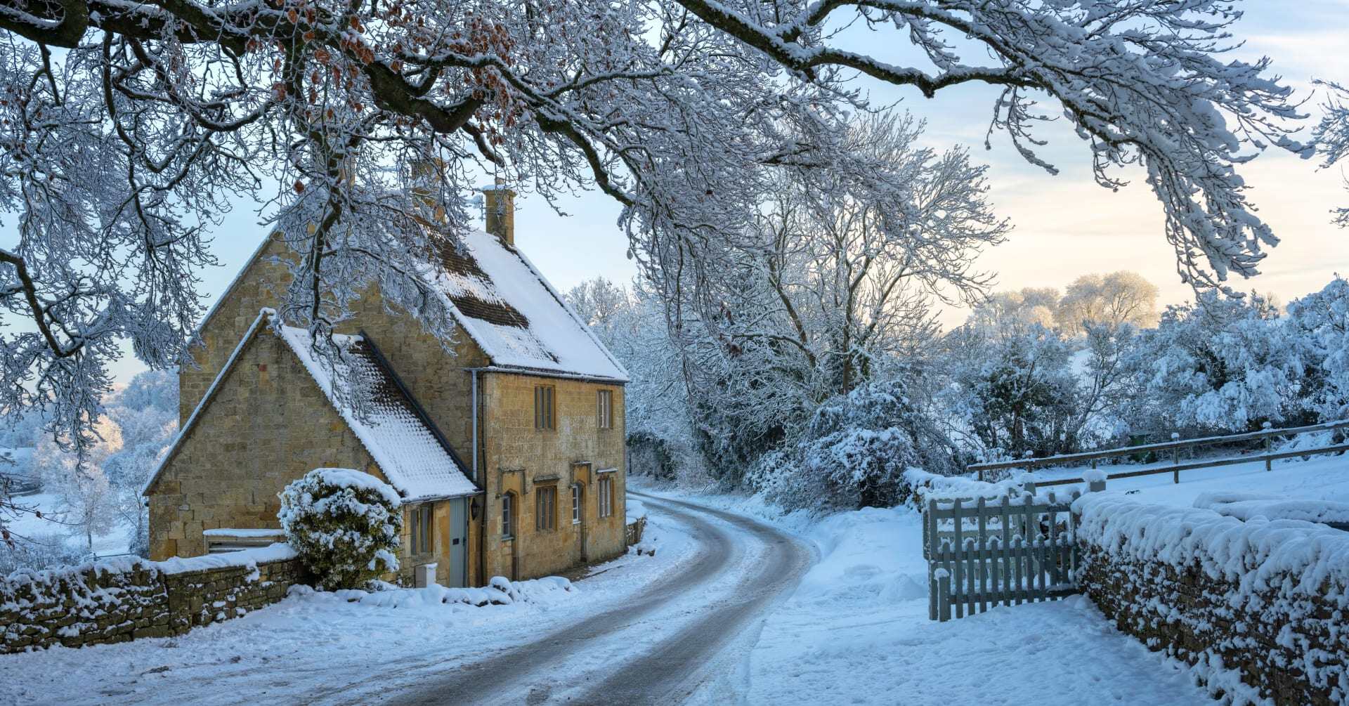 Head on a winter trip to England, where the Cotswolds is covered with snow.