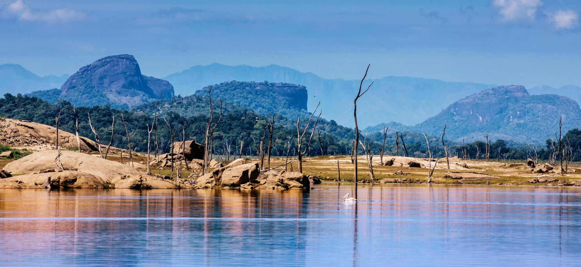 The beautiful lake reflects the deep blues and violets which drape across the sky during an early evening in Gal Oya Park.