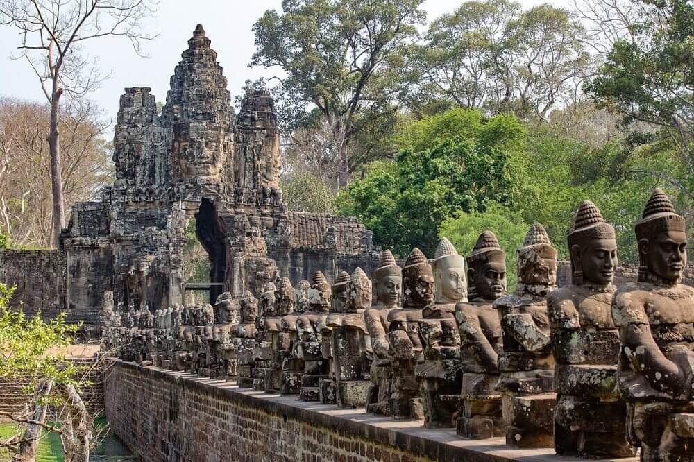 Angkor Thom gate bridge statues in Cambodia
