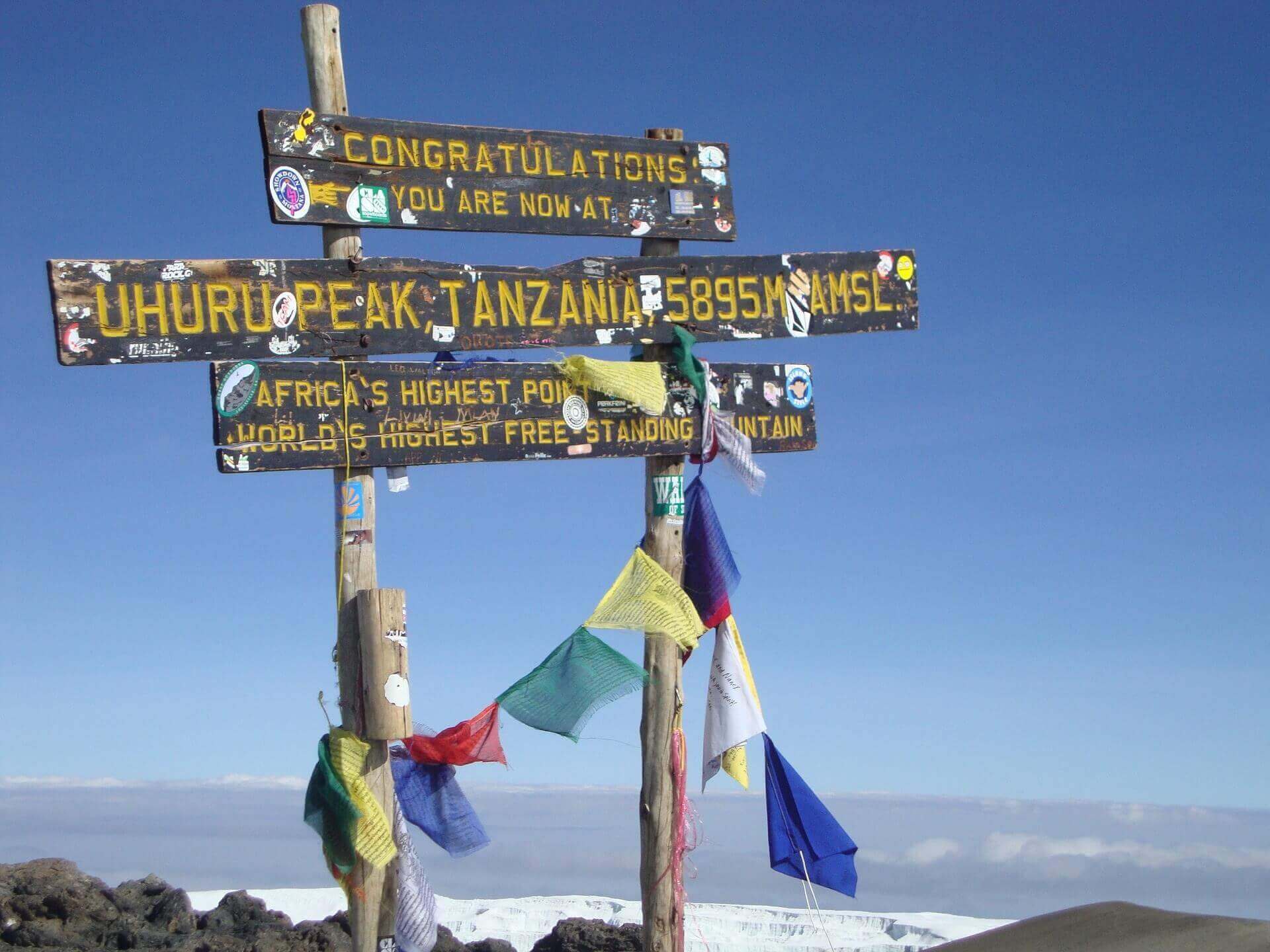 Uhuru Peak sign on the summit of Mount Kilimanjaro in Tanzania
